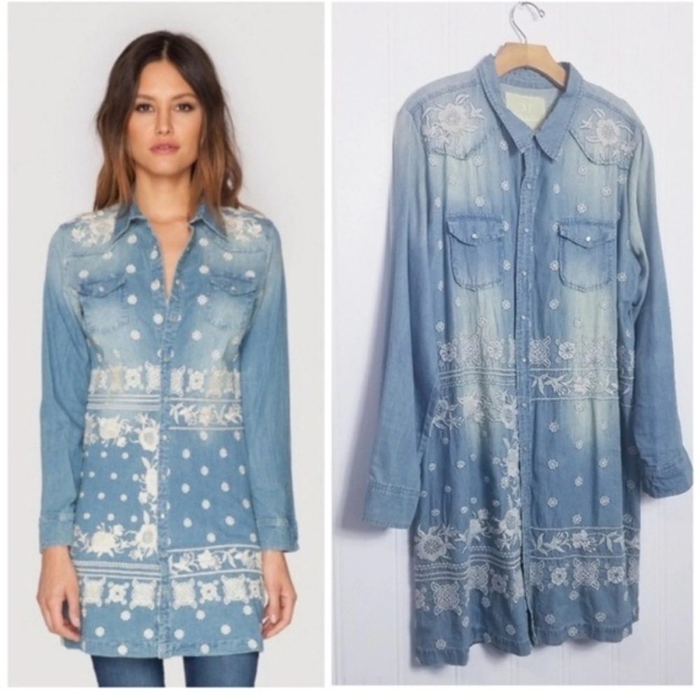 Johnny Was Chambray denim Embroidered western shirt dress S